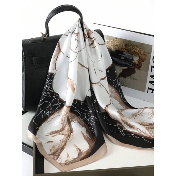 ✨New Elegant Bandana Square Silky Scarf Soft FLORAL BIG ROSE Black Brown Luxury✨ - Picture 3 of 7